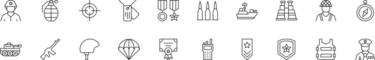 Collection of thin line icons of army. Linear sign and editable stroke. Suitable for web sites, books, articles - obrazy, fototapety, plakaty