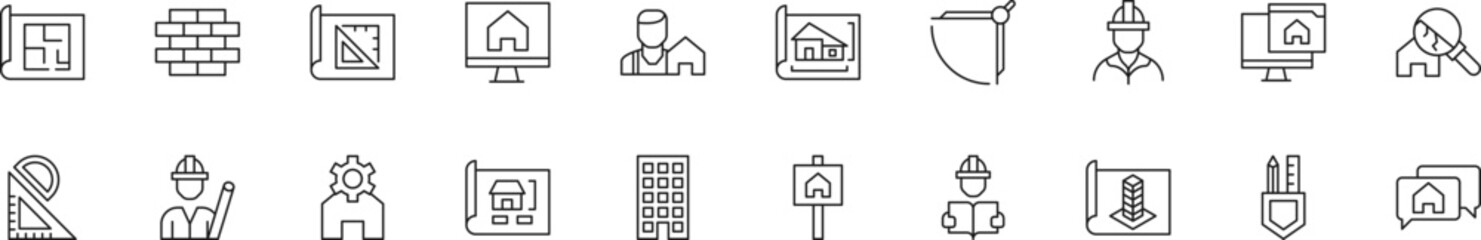 Collection of thin line icons of building and renovation. Linear sign and editable stroke. Suitable for web sites, books, articles - obrazy, fototapety, plakaty