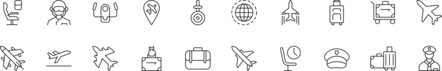 Collection of thin line icons of airplane. Linear sign and editable stroke. Suitable for web sites, books, articles - obrazy, fototapety, plakaty