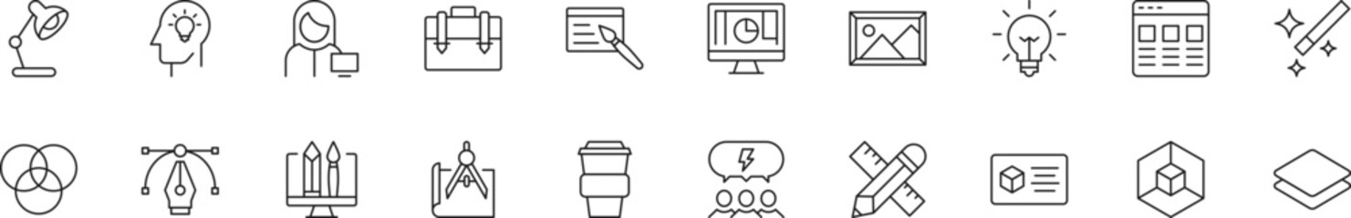 Collection of thin line icons of graphic and web designer. Linear sign and editable stroke. Suitable for web sites, books, articles