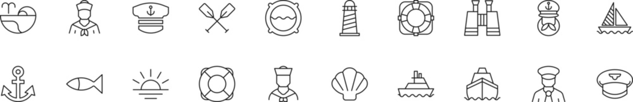 Collection of thin line icons of sailor. Linear sign and editable stroke. Suitable for web sites, books, articles