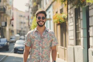 A man wearing sunglasses and a floral shirt smiles for the camera