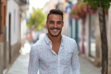 Obraz premium A man wearing a white shirt with flowers on it smiles for the camera