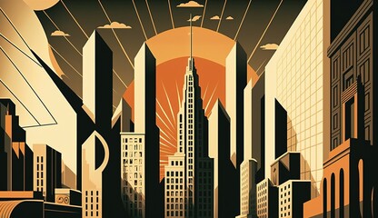 Urban cityscape with skyscrapers in retro modern vintage art deco illustration