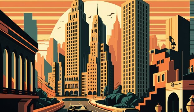 Urban cityscape with skyscrapers in retro modern vintage art deco illustration