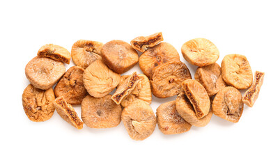 Many dried figs on white background