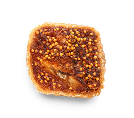 Cut sweet dried fig on white background