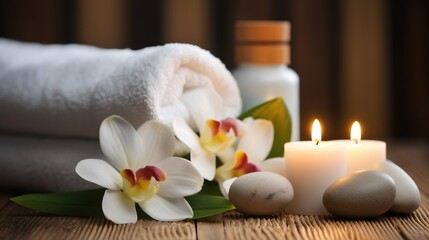 decoration Candles are lit. for spa and massage. white frangipani flowers blooming, plumeria, black zen stone, health concept, massage, spa,