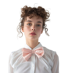 Curly hair young woman portrait wearing pink bow and white shirt over white transparent background