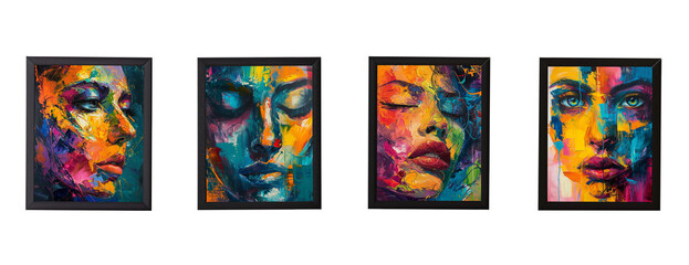 Four paintings of colorful oil paintings of women faces with thin black frames over isolated transparent background