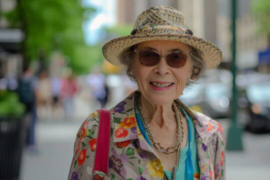 An elderly woman wearing a hat and sunglasses smiles for the camera