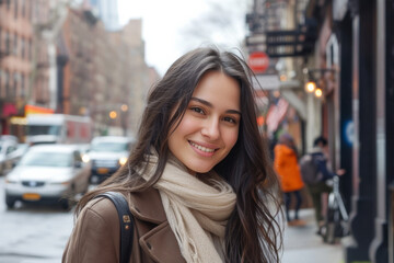 Fototapeta premium A woman wearing a scarf and a brown coat smiles for the camera