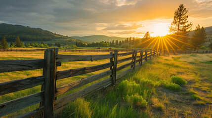 Picturesque landscape of a fenced ranch at sunrise - - obrazy, fototapety, plakaty