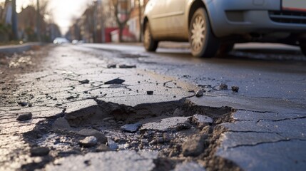 Damaged asphalt pavement road with potholes in city, car is nearby   - obrazy, fototapety, plakaty
