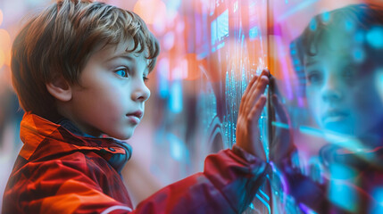 Image of young boy touching different electronic screens. Future technology in children concept
