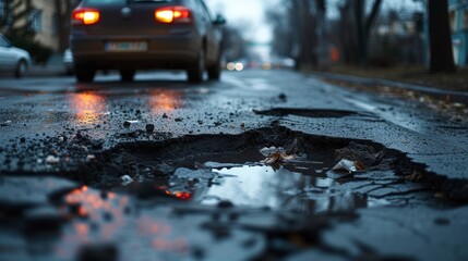 Damaged asphalt pavement road with potholes in city, car is nearby  - obrazy, fototapety, plakaty