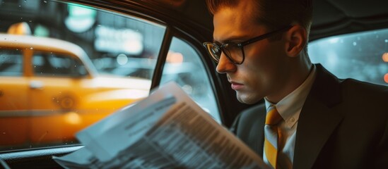 Dapper businessman perusing paper within taxi