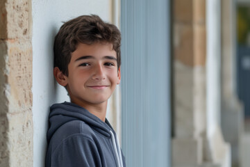 Obraz premium A young boy leaning against a wall with a smile on his face