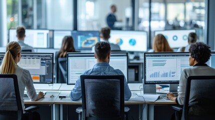 office desk, multiple workstations with computers placed on each, data on computer screens 