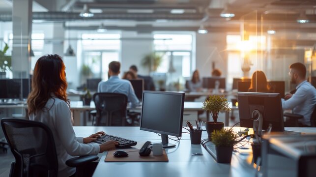 business woman sitting at office desk, multiple workstations with computers placed on each 