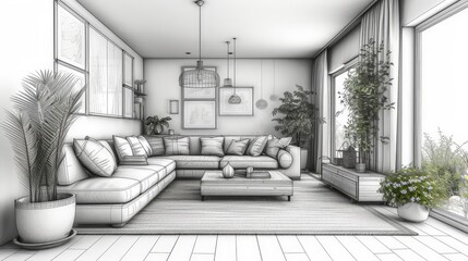 scandinavian living room in abstract style drawn with a fine ink pen sketch