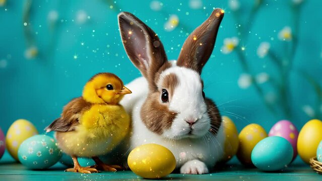 easter background , cute bunny ,easter eggs, happy easter , easter wallpaper, easter chicken , copyspace , motion graphic