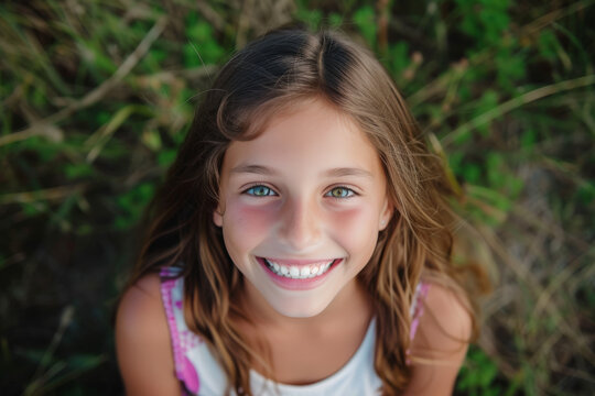 A young girl with green eyes is smiling for the camera