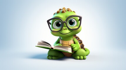 Cartoon illustration of a turtle mascot reading a book, wearing glasses and smiling