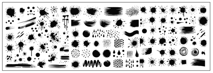 Tuinposter A collection of spots and stains. Black ink stains and dirt spots scattered with isolated drops and spots. Urban street style ink blots, dots or lines. Isolated vector illustration  © abdel moumen rahal
