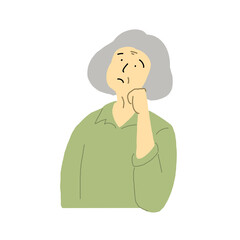 頬に手を当てて考え事をする高齢の女性