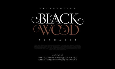 Blackwood premium luxury elegant alphabet letters and numbers. Elegant wedding typography classic serif font decorative vintage retro. Creative vector illustration
