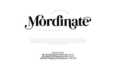 Mordinate premium luxury elegant alphabet letters and numbers. Elegant wedding typography classic serif font decorative vintage retro. Creative vector illustration