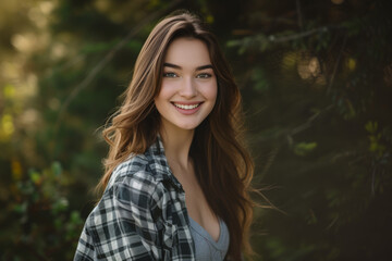 A woman in a plaid shirt smiles for the camera