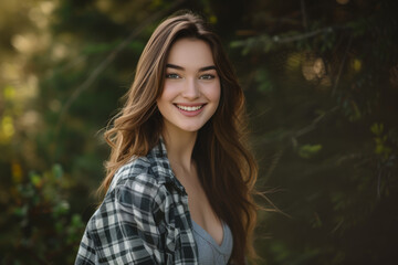 Naklejka premium A woman in a plaid shirt smiles for the camera