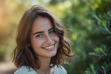 Naklejka premium A woman with brown hair and green eyes smiles for the camera