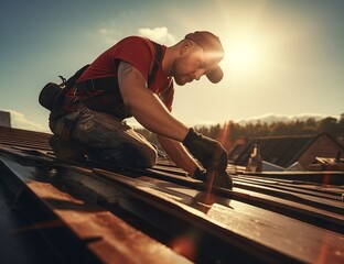 A man working on a sunlit roof, diligently carrying out his tasks. - obrazy, fototapety, plakaty