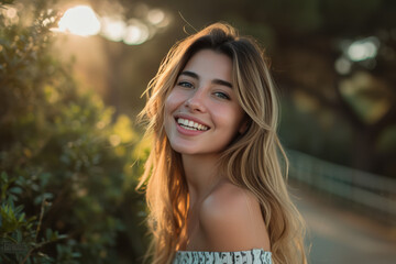 Fototapeta premium A woman is smiling in front of a bush with a blurred background