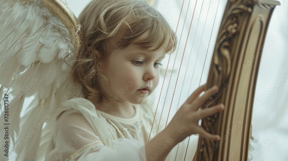 Wall mural a child angel clutching a harp their fingers gently strumming the strings as they sing a heavenly me