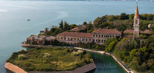 Aerial view of the plagued ghost island of Poveglia in the Venetian lagoon, opposite Malamocco...