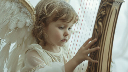 A child angel clutching a harp their fingers gently strumming the strings as they sing a heavenly melody.