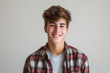 A young man wearing a plaid shirt smiles for the camera