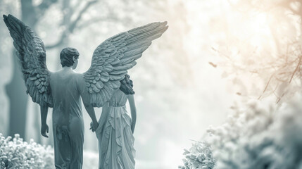 A serene angel gazes down upon a couple walking hand in hand their love strengthened by the angels presence.