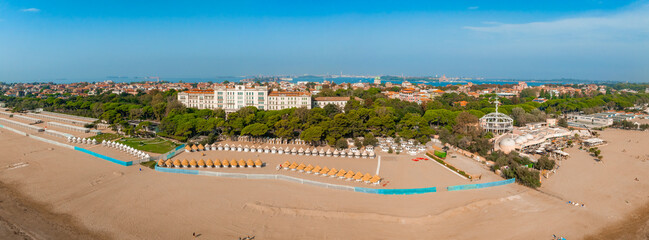 Aerial view of the Lido de Venezia island in Venice, Italy. The island between Venice and Adriatic sea.