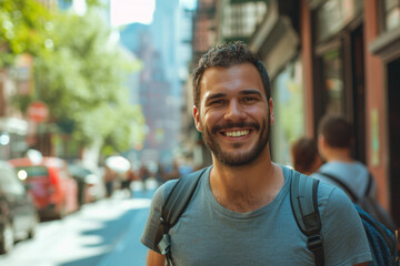 Fototapeta premium A man with a backpack is smiling for the camera