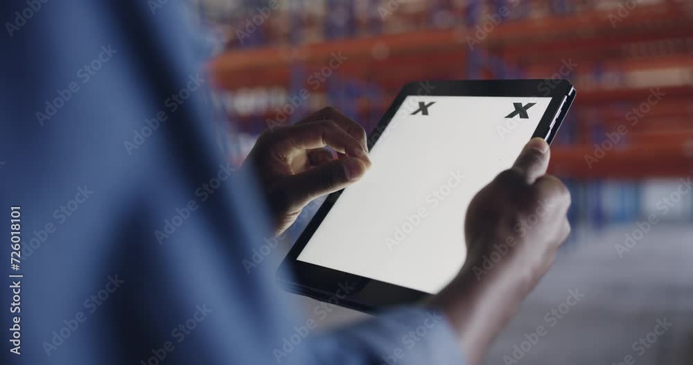 Poster tablet, mockup and hands of man in warehouse for project management, engineering or communication. s