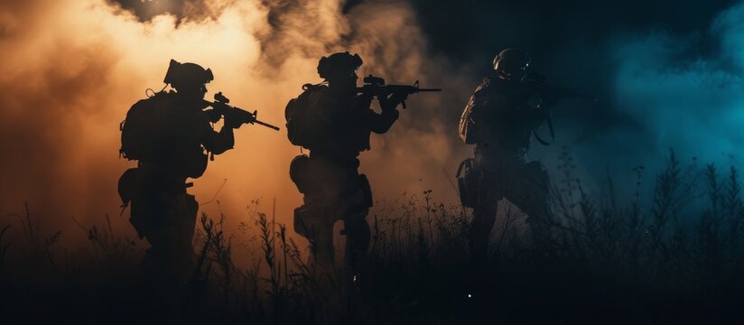 Armed, uniformed special forces launch nocturnal assault, elite troops combating terrorism in the shadows.