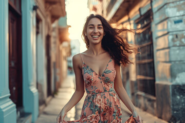 A woman in a floral dress is walking down a street - obrazy, fototapety, plakaty