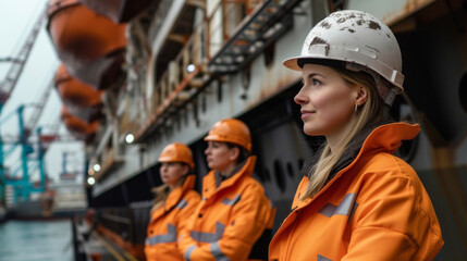 A team of female engineers inspecting the inner workings of a cruise ship breaking stereotypes and promoting gender inclusivity in the maritime industry.