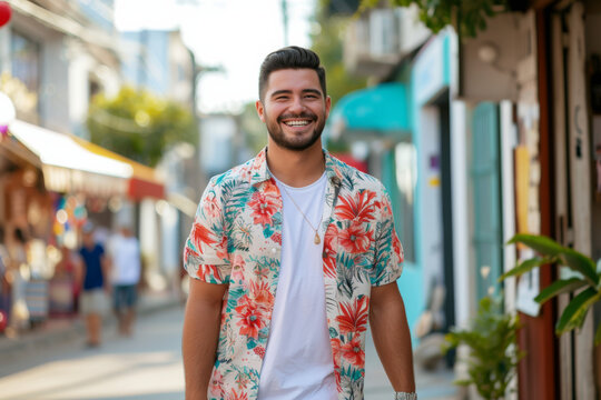 A man wearing a floral shirt and a white shirt is smiling