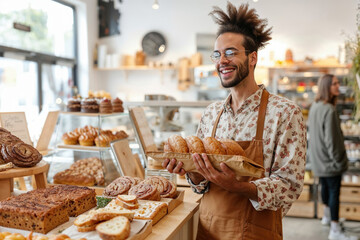 Fototapeta na wymiar Man Holding Tray of Bread in a Bakery